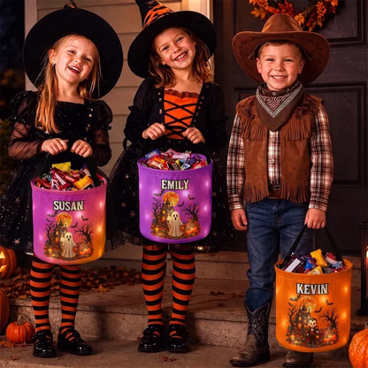 Personalized LED Light Up Fabric Basket, Kids Carrying Candy in a Glowing Halloween Scene, Creative Gift