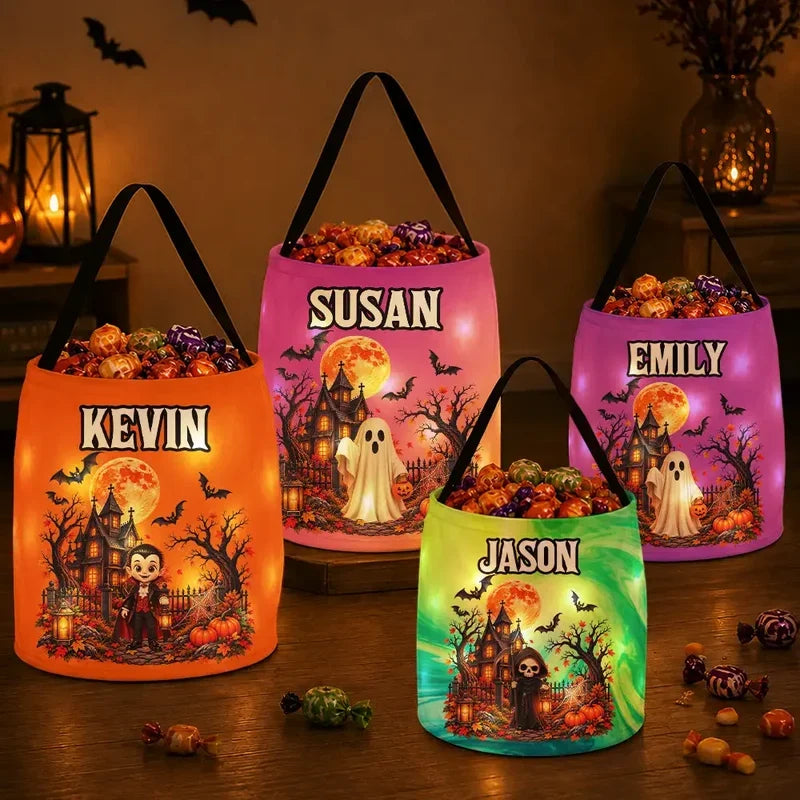 Personalized LED Light Up Fabric Basket, Kids Carrying Candy in a Glowing Halloween Scene, Creative Gift