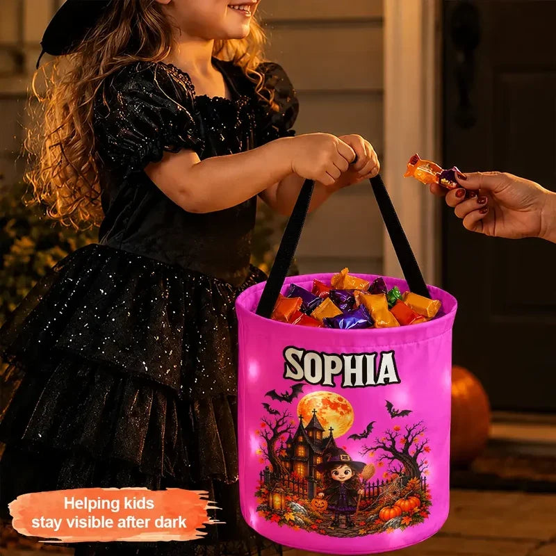 Personalized LED Light Up Fabric Basket, Kids Carrying Candy in a Glowing Halloween Scene, Creative Gift