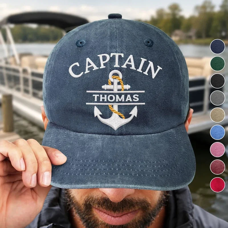 Personalized Washed Cotton Cap, Captain Anchor Design Worn at a Marina, Unique Sailing Gift for Boaters