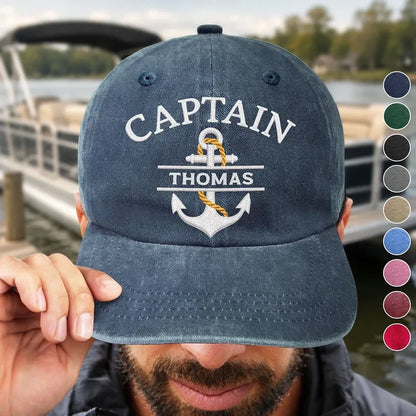 Personalized Washed Cotton Cap, Captain Anchor Design Worn at a Marina, Unique Sailing Gift for Boaters