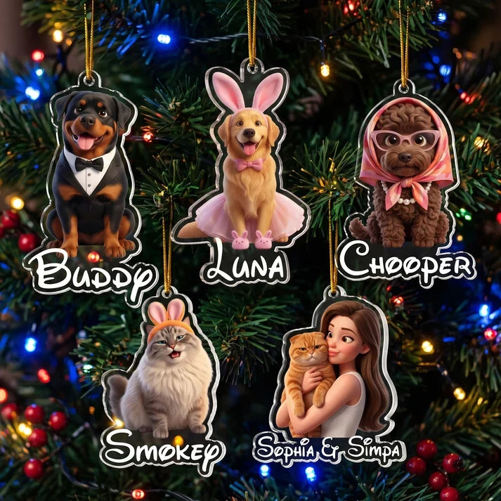 Personalized Acrylic Magnet, Pet Parent Hugging a Cat and Pets in Playful Outfits, Unique Gift for Pet Lovers