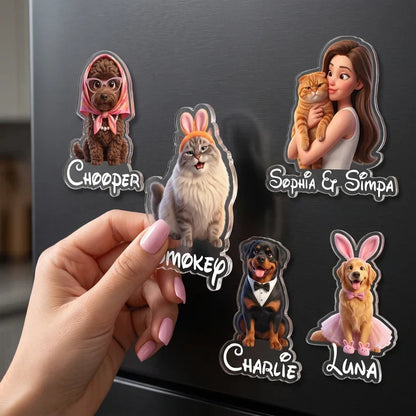 Personalized Acrylic Magnet, Pet Parent Hugging a Cat and Pets in Playful Outfits, Unique Gift for Pet Lovers
