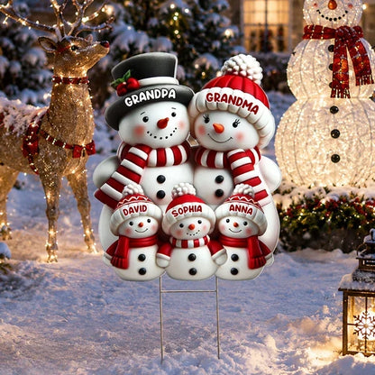 Personalized Snowman Family Shaped Yard Sign, Gathered in a Snowy Yard, Unique Christmas Gift for Grandparents