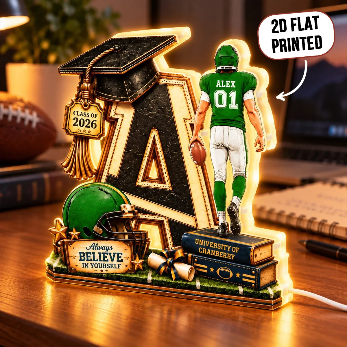 Personalized Acrylic Light Box, Football Graduate Walking with a Ball, Creative Gift for Son or Grandson