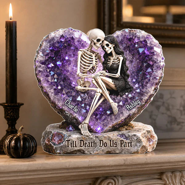 Personalized Shaped Acrylic Block Plaque, Embracing Skeleton Couple Halloween Decor, Unique Gift For Couple