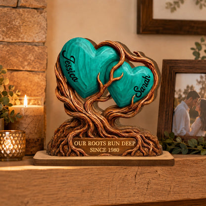 Personalized 2-Layer Wooden Plaque With Heart Tree, Our Roots Run Deep, Unique Gift For Couple