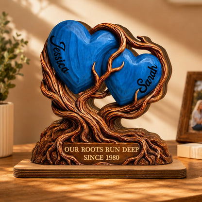Personalized 2-Layer Wooden Plaque With Heart Tree, Our Roots Run Deep, Unique Gift For Couple