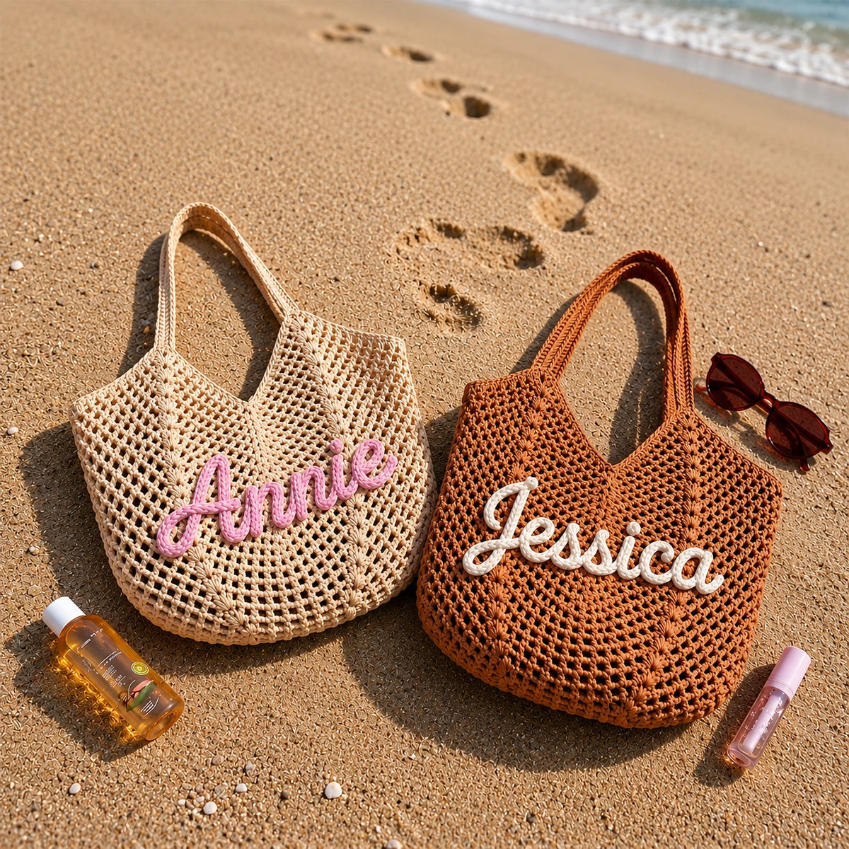 Personalized Embroidered Crochet Tote Bag for Her, Custom Name Beach Carryall, Summer Gift for Friends