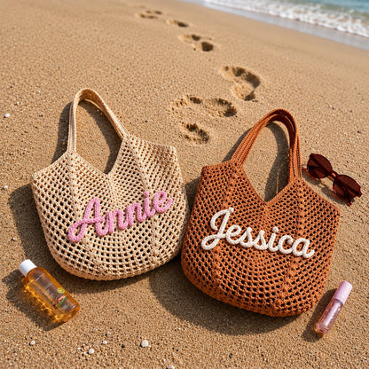 Personalized Embroidered Crochet Tote Bag for Her, Custom Name Beach Carryall, Summer Gift for Friends
