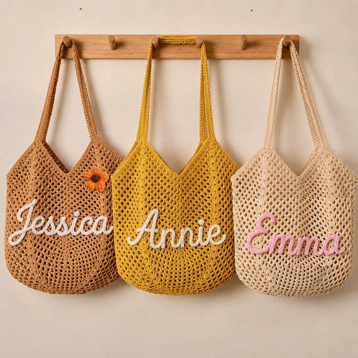 Personalized Embroidered Crochet Tote Bag for Her, Custom Name Beach Carryall, Summer Gift for Friends