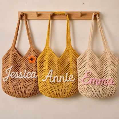 Personalized Embroidered Crochet Tote Bag for Her, Custom Name Beach Carryall, Summer Gift for Friends