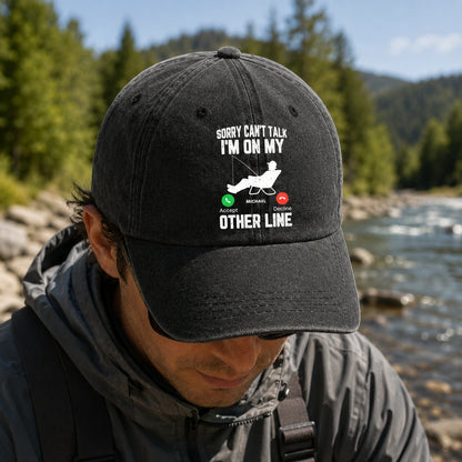 Washed Denim Baseball Cap, Sorry Can't Talk I'm On My Other Line, Personalized Fishing Humor, Unique Gift for Angler