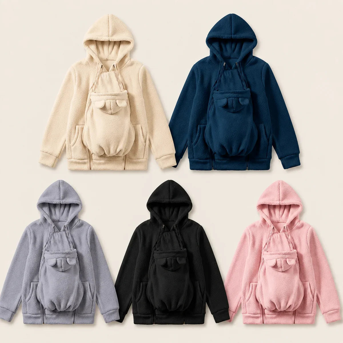 Personalized Embroidered Fleece Babywearing Hoodie, Mom Cuddling Baby in a Christmas Living Room, Unique Gift