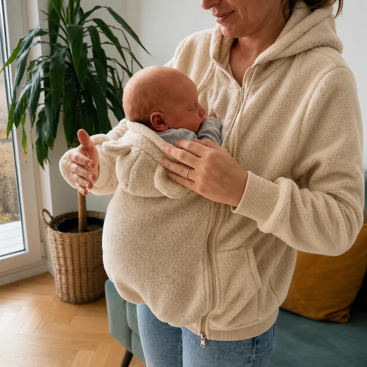 Personalized Embroidered Fleece Babywearing Hoodie, Mom Cuddling Baby in a Christmas Living Room, Unique Gift
