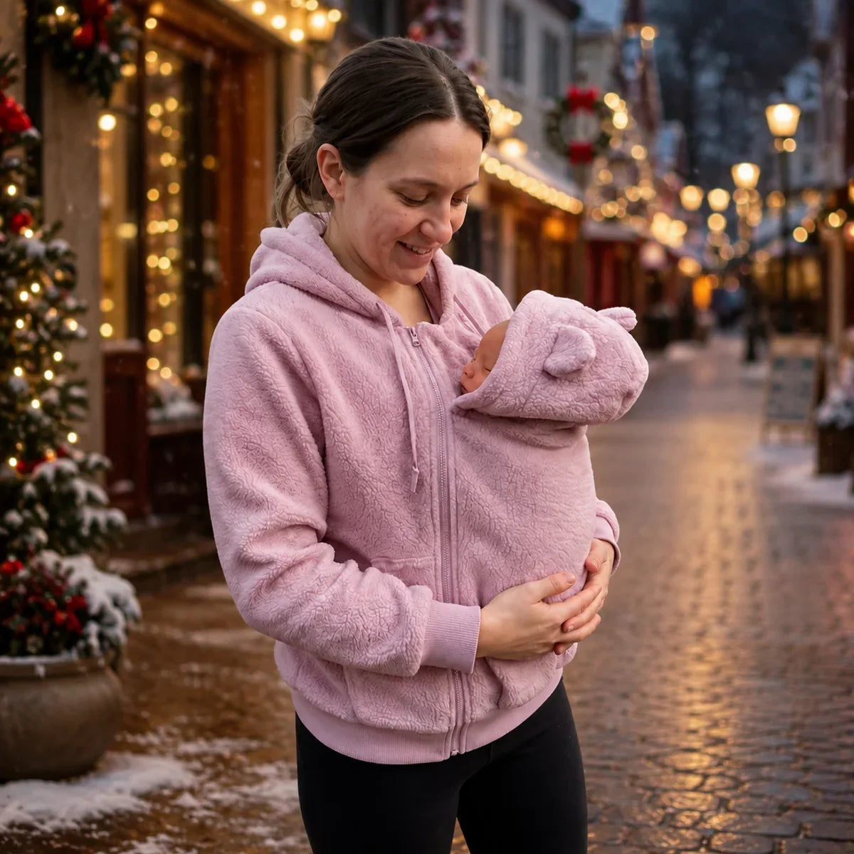 Personalized Embroidered Fleece Babywearing Hoodie, Mom Cuddling Baby in a Christmas Living Room, Unique Gift