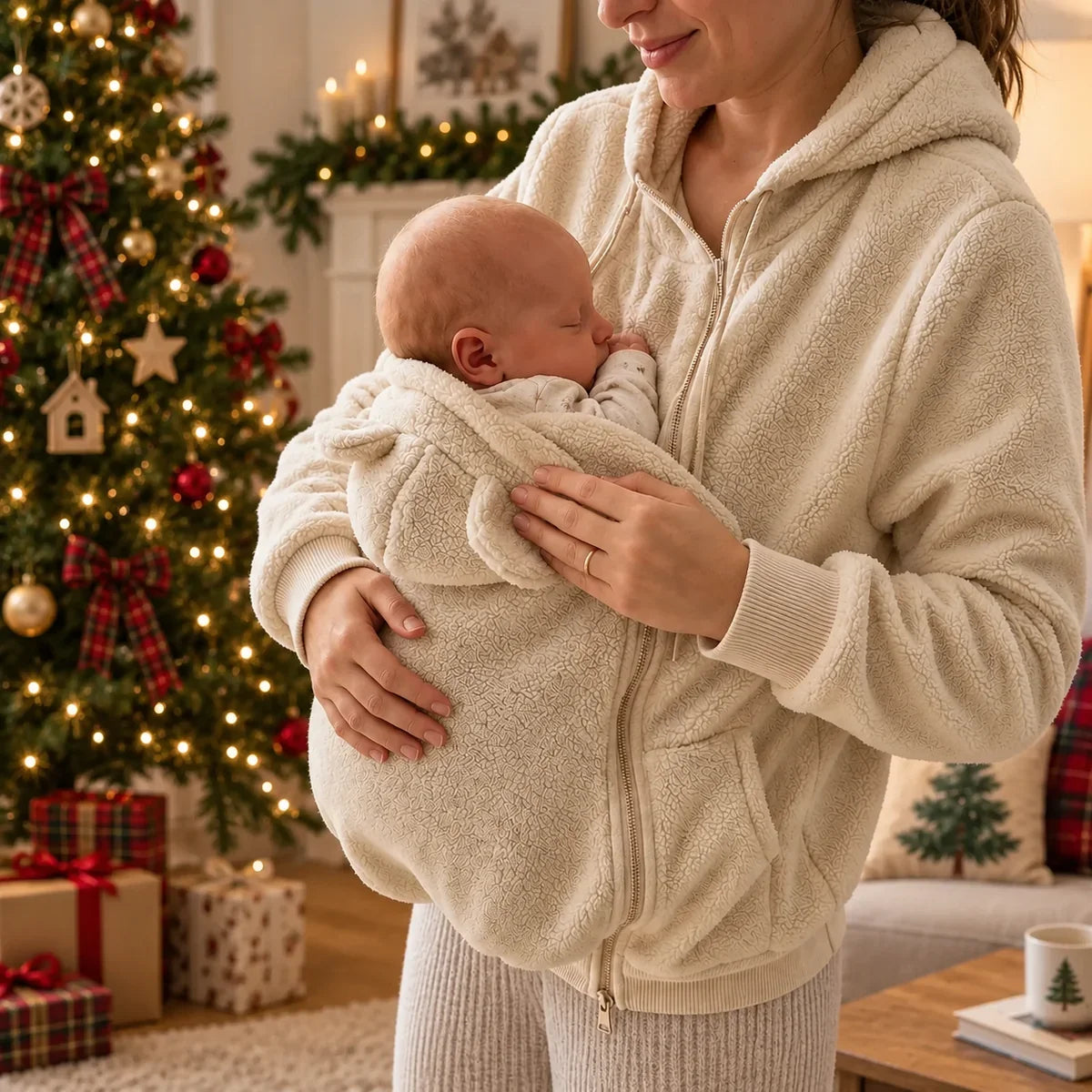 Personalized Embroidered Fleece Babywearing Hoodie, Mom Cuddling Baby in a Christmas Living Room, Unique Gift