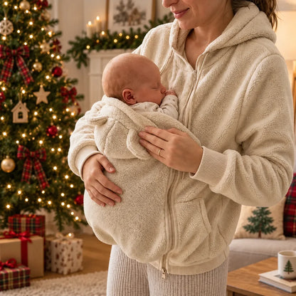 Personalized Embroidered Fleece Babywearing Hoodie, Mom Cuddling Baby in a Christmas Living Room, Unique Gift