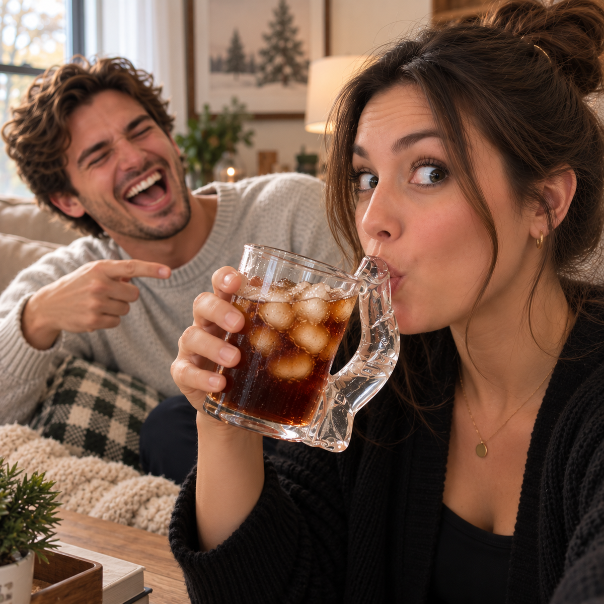 Personalized Curved Handle Glass Mug with Playful Silhouette, Unique Christmas Gift for Friends