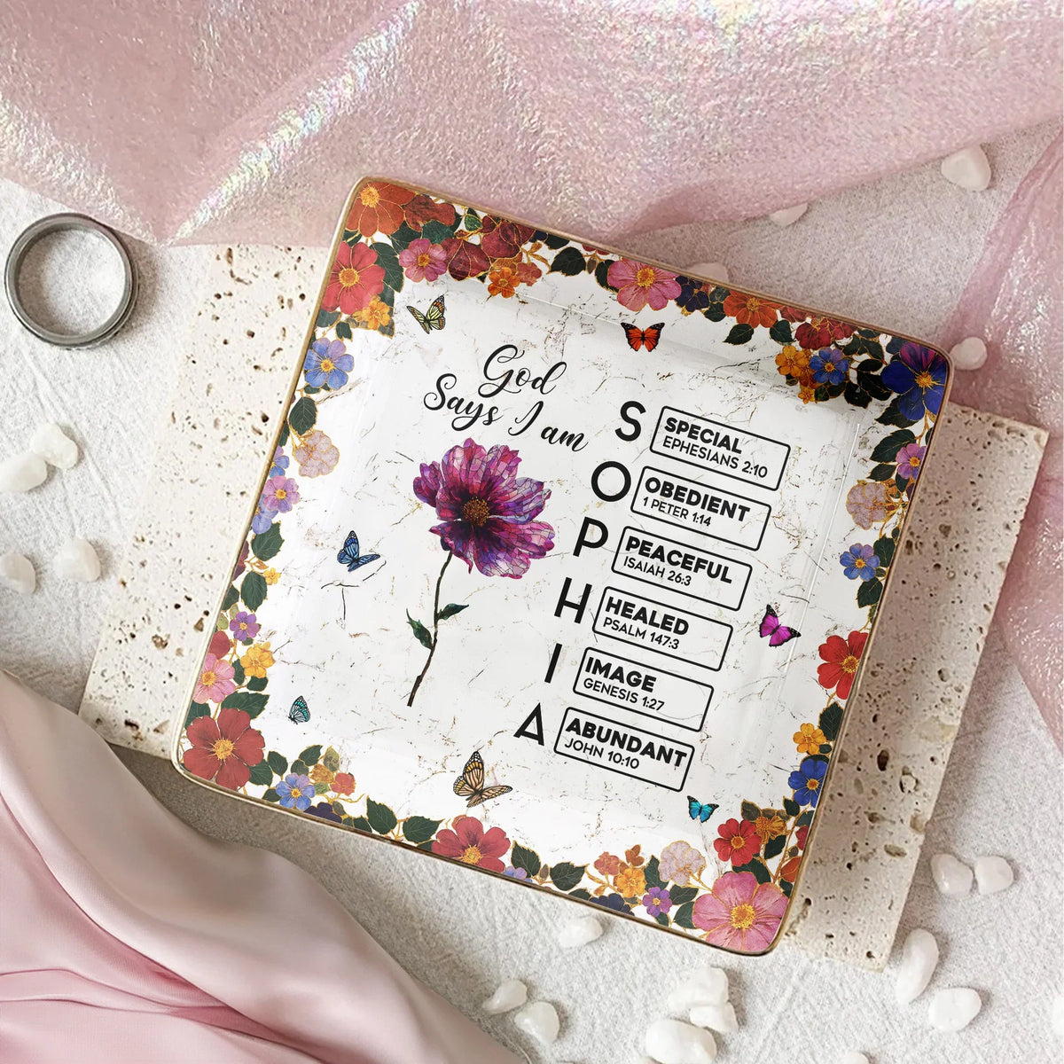 Personalized Jewelry Dish with God Says I Am Floral Scripture Design - Unique Christian Gift for Her Vanity Decor