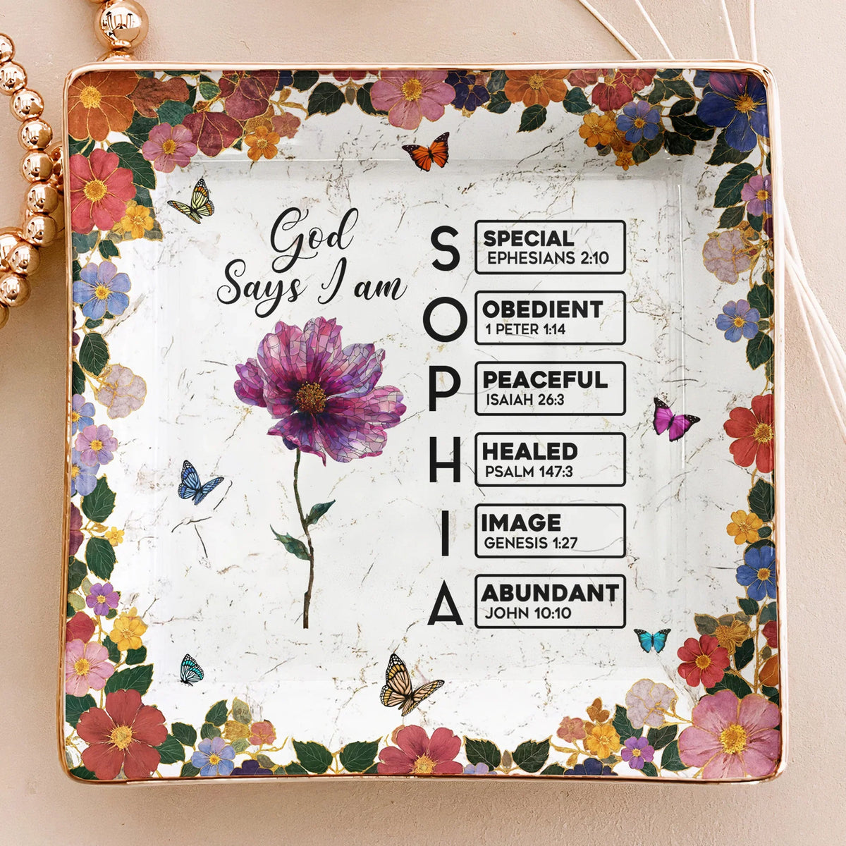 Personalized Jewelry Dish with God Says I Am Floral Scripture Design - Unique Christian Gift for Her Vanity Decor