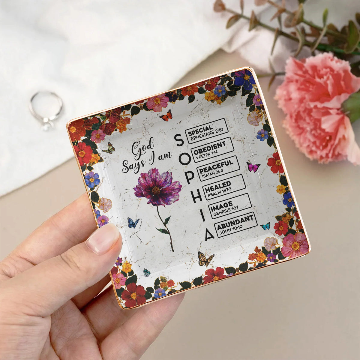 Personalized Jewelry Dish with God Says I Am Floral Scripture Design - Unique Christian Gift for Her Vanity Decor