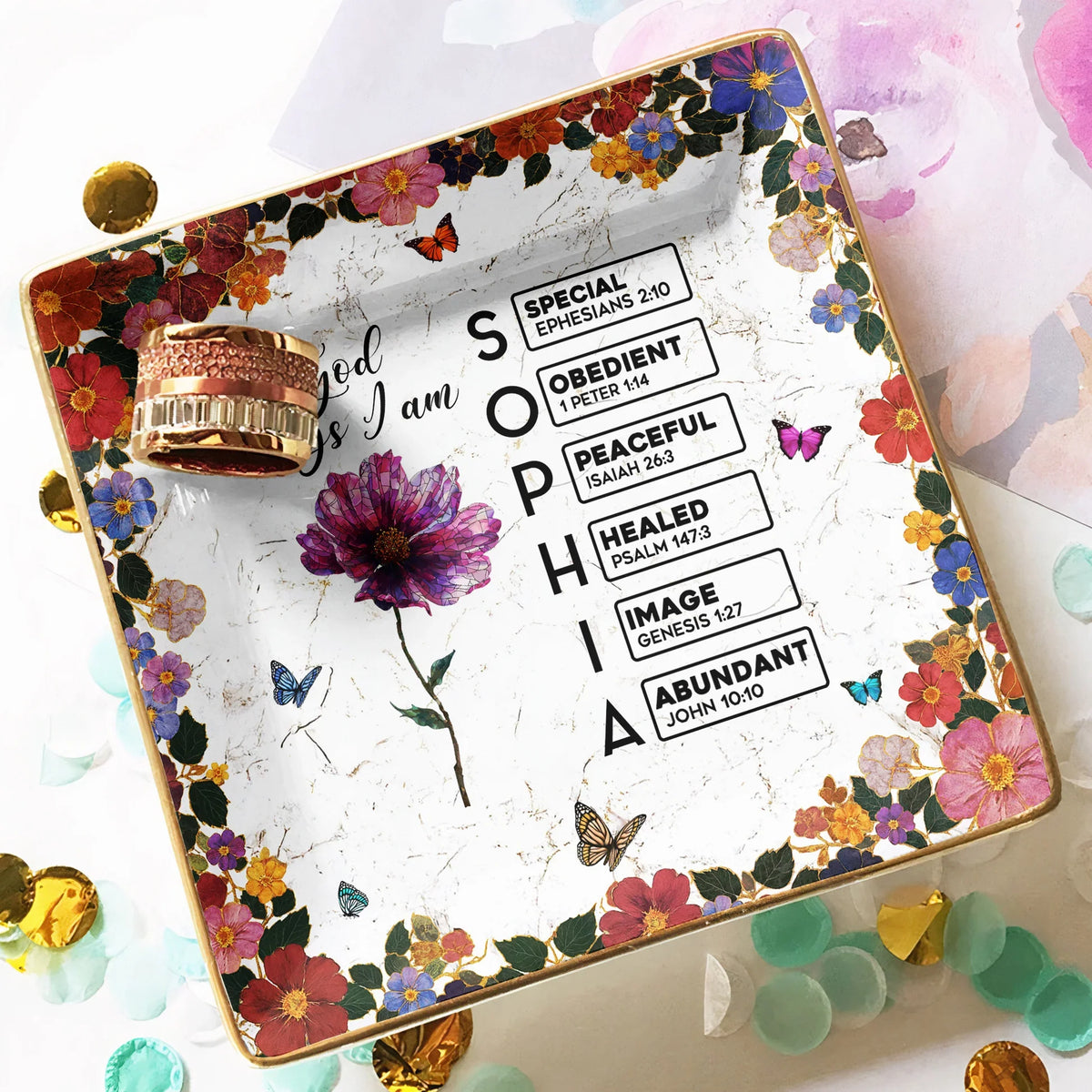 Personalized Jewelry Dish with God Says I Am Floral Scripture Design - Unique Christian Gift for Her Vanity Decor
