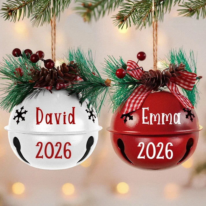 Personalized Jingle Bell Ornament, Red and White Hanging Christmas Tree Decor, Unique Gift for Couples