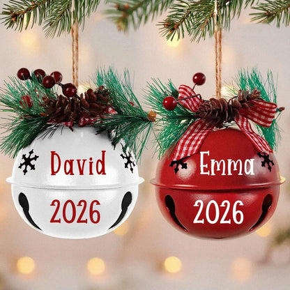 Personalized Jingle Bell Ornament, Red and White Hanging Christmas Tree Decor, Unique Gift for Couples