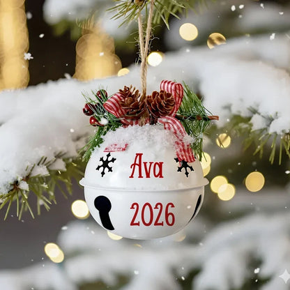 Personalized Jingle Bell Ornament, Red and White Hanging Christmas Tree Decor, Unique Gift for Couples