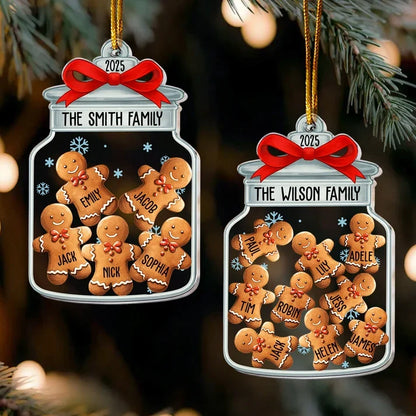 Personalized Acrylic Ornament, Gingerbread Family Jar with Red Bow, Heartwarming Creative Gift for Parents
