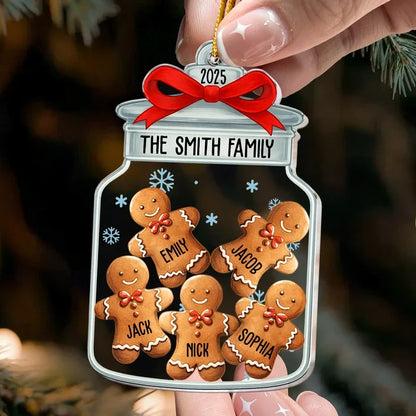 Personalized Acrylic Ornament, Gingerbread Family Jar with Red Bow, Heartwarming Creative Gift for Parents