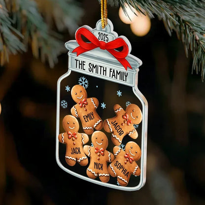 Personalized Acrylic Ornament, Gingerbread Family Jar with Red Bow, Heartwarming Creative Gift for Parents