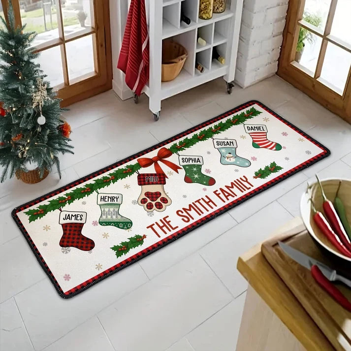 Premium Doormat with Personalized Family Stockings and Paw Print, Creative Christmas Gift for Pet Owners
