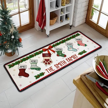 Premium Doormat with Personalized Family Stockings and Paw Print, Creative Christmas Gift for Pet Owners