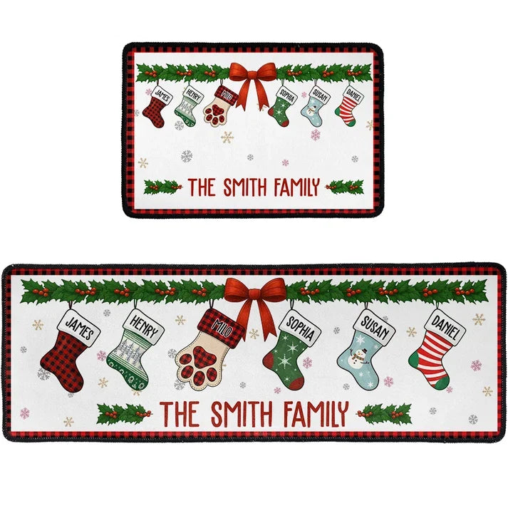 Premium Doormat with Personalized Family Stockings and Paw Print, Creative Christmas Gift for Pet Owners