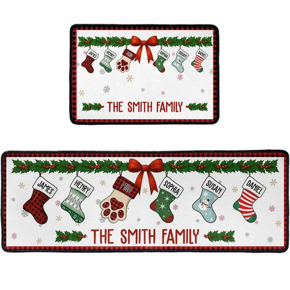 Premium Doormat with Personalized Family Stockings and Paw Print, Creative Christmas Gift for Pet Owners