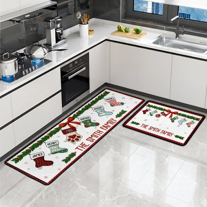 Premium Doormat with Personalized Family Stockings and Paw Print, Creative Christmas Gift for Pet Owners