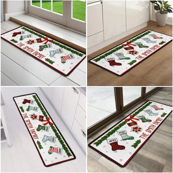 Premium Doormat with Personalized Family Stockings and Paw Print, Creative Christmas Gift for Pet Owners