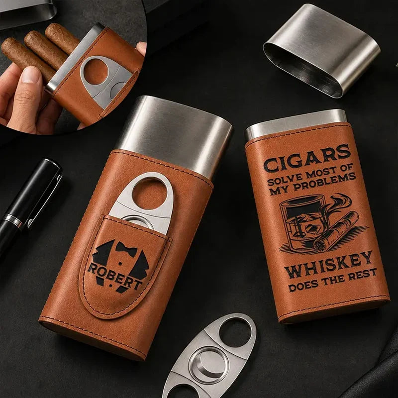 Leather Cigar Case, Cigars and Bourbon Humor in Warm Brown, Unique Personalized Gift for Him