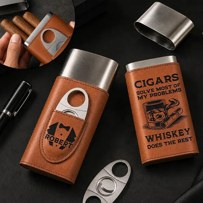 Leather Cigar Case, Cigars and Bourbon Humor in Warm Brown, Unique Personalized Gift for Him
