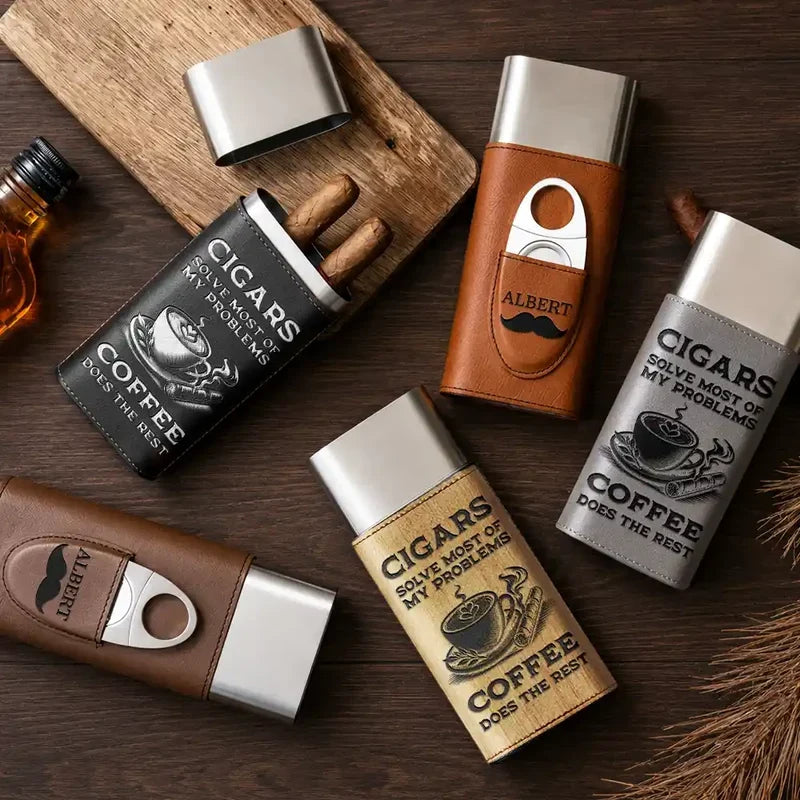 Leather Cigar Case, Cigars and Bourbon Humor in Warm Brown, Unique Personalized Gift for Him