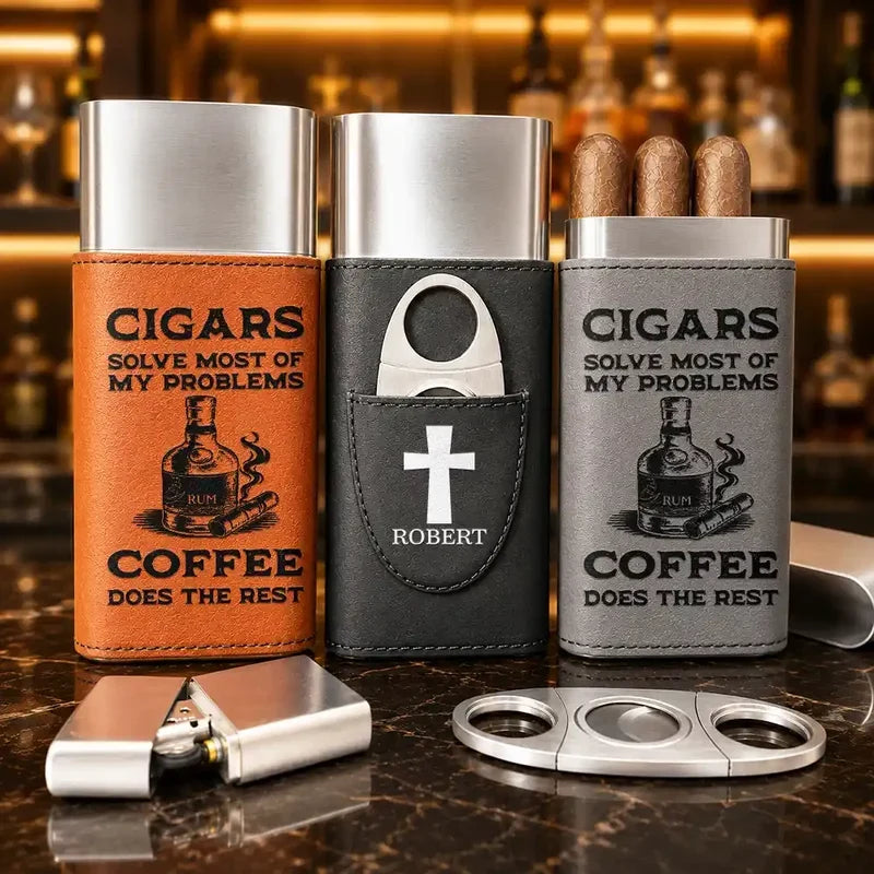 Leather Cigar Case, Cigars and Bourbon Humor in Warm Brown, Unique Personalized Gift for Him