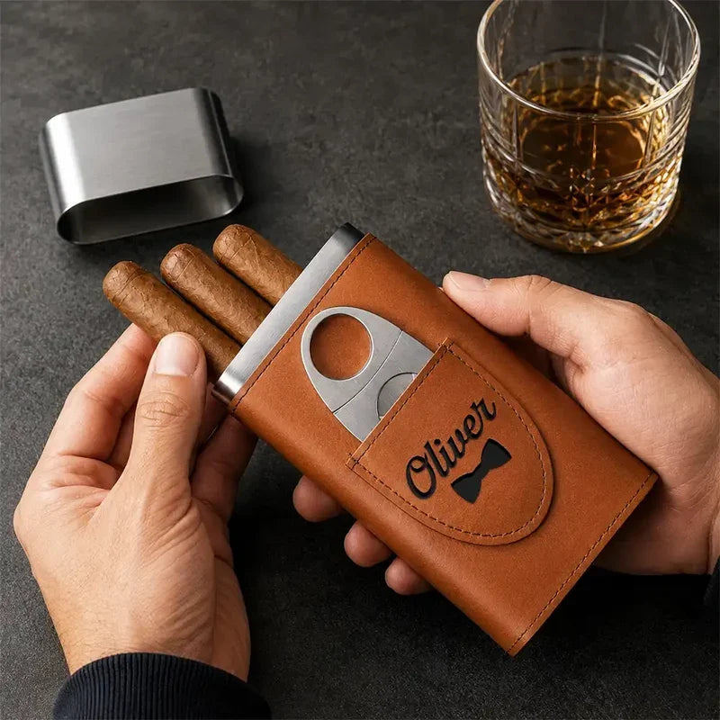 Leather Cigar Case, Cigars and Bourbon Humor in Warm Brown, Unique Personalized Gift for Him