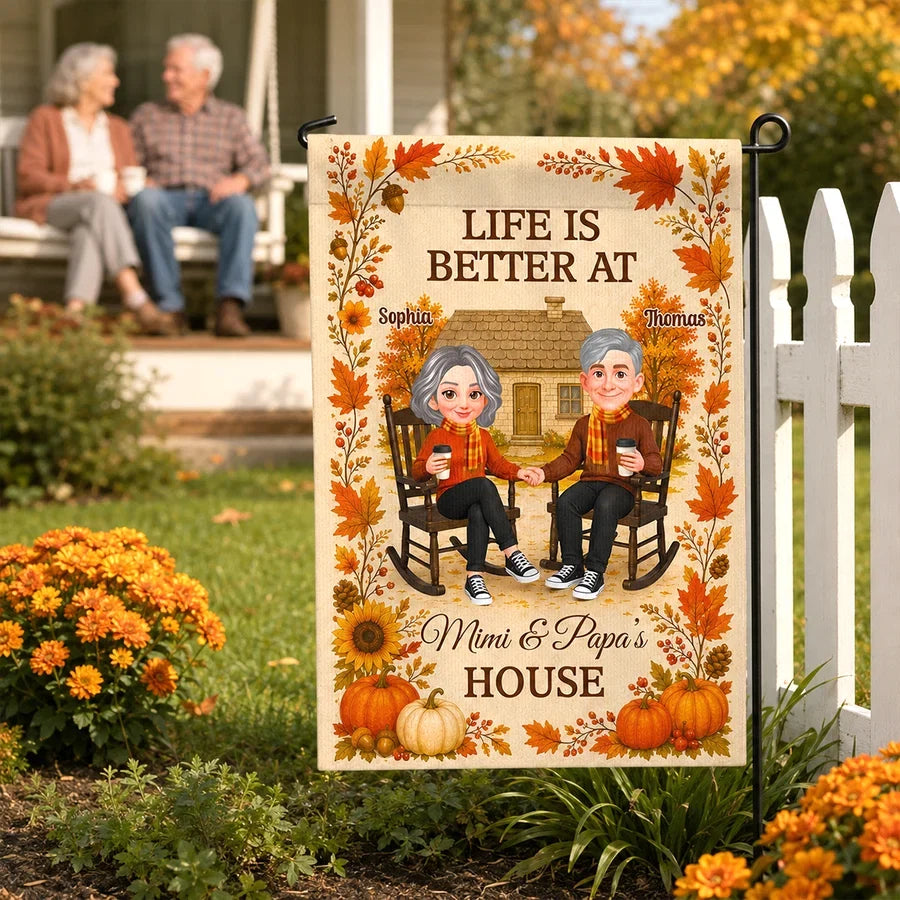 Personalized Garden Flag, Warm Autumn Family Welcome with Grandparents Holding Hands, Creative Gift for Family