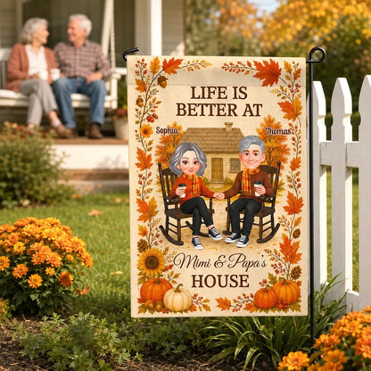 Personalized Garden Flag, Warm Autumn Family Welcome with Grandparents Holding Hands, Creative Gift for Family