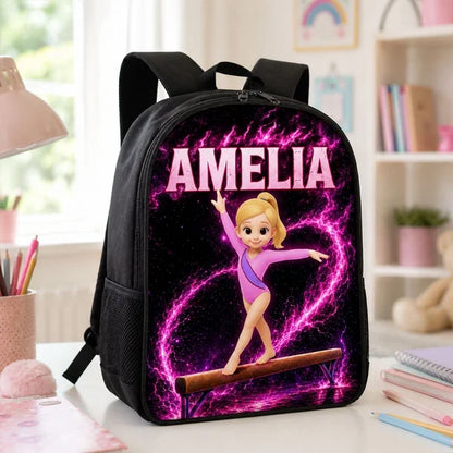Kids School Backpack with Neon Gymnast Art, Unique Creative Gift to Cheer Daughter & Granddaughter