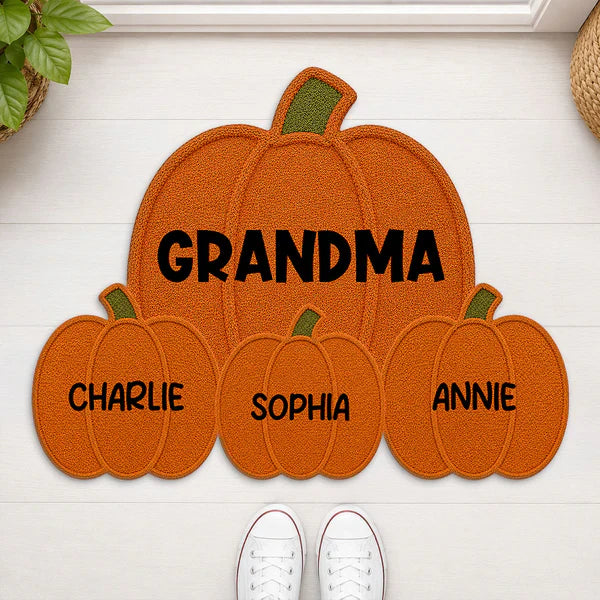 Personalized Pumpkin Shaped Doormat for Grandma, Unique Fall Entryway Gift with Little Pumpkins
