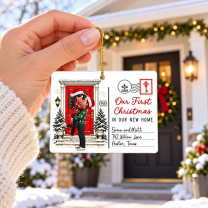 Personalized Acrylic Ornament, Kissing Couple by a Snowy Red Door, Unique Christmas Gift for New Homeowners