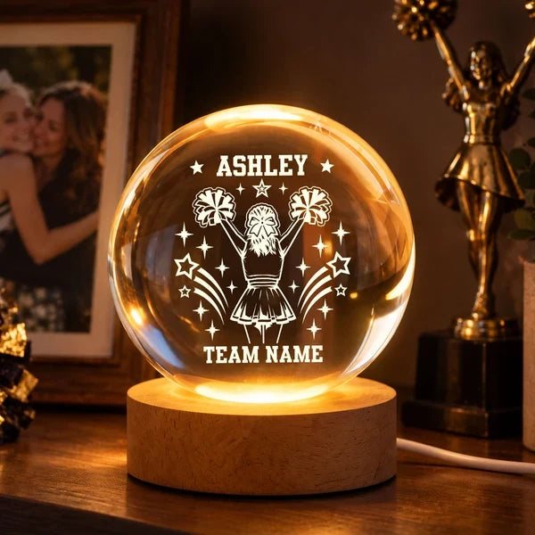 Personalized Globe Lamp with Cheerleader Raising Pom-Poms and Stars, Creative Gift for Daughter